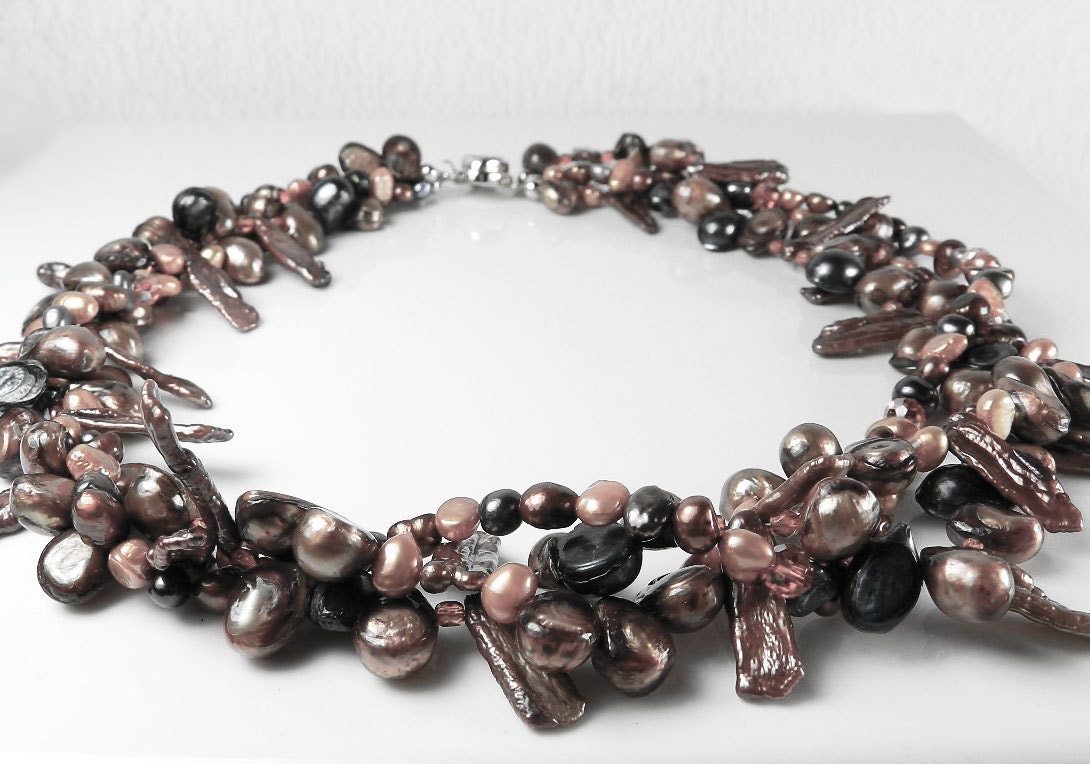 Multi Strand Pearl Necklace Brown Rust Charcoal Black Pearls Statement Necklace - Wedding Jewelry