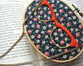NEEDLECRAFTED READING GLASSES - Embroidery piece of sixties mens glasses hand embroided onto floral fabric with chain