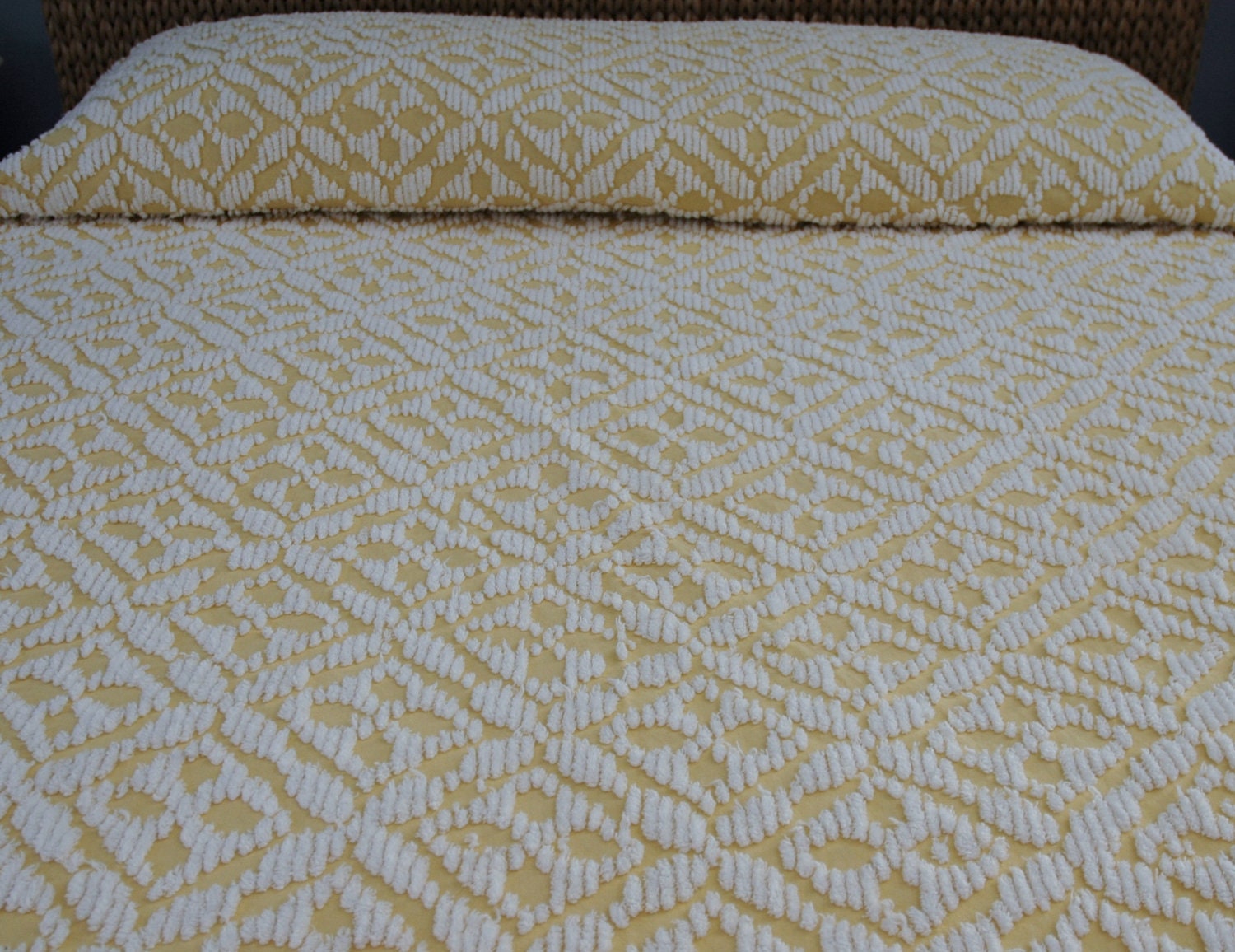 Treasury List Item, Charming Vintage Chenille Bedspread, Yellow with White Fringe.