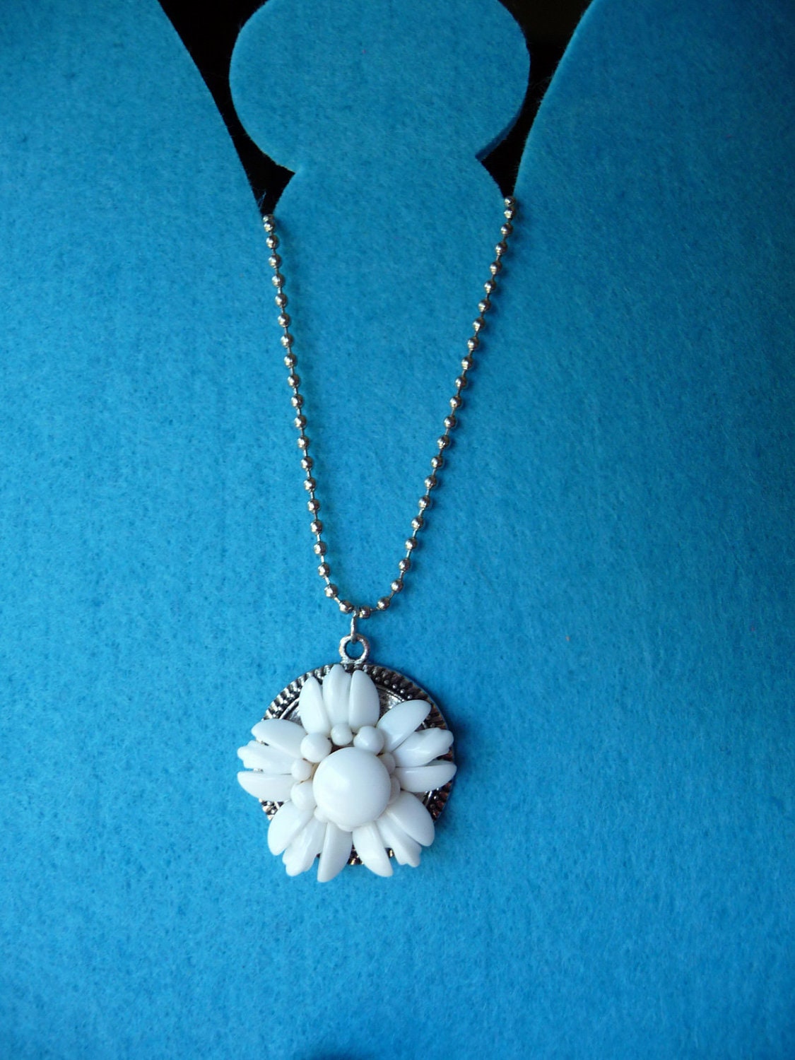 Reclaimed Milk Glass -- White Flower Necklace with Silver Chain
