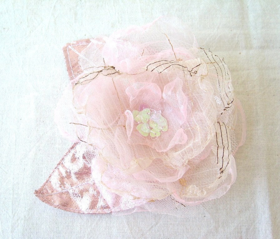 Wedding Hair Clip Pastel Pink Fairytale Organza Flower with Metalic Pink Leaves and Heart Sequin Centre by FairytaleFlower