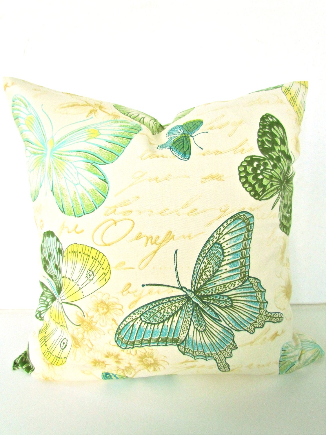THROW PILLOW COVER 20x20 Green Turquoise Designer Decorative Throw Pillows Butterfly 20 x 20 Yellow Tan Script Home decor