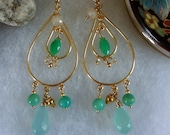 Light aqua chalcedony teardrop & chrysoprase marquise double hoop chandelier earrings, pearl chalcedony rondelles, vermeil beads: Ice Mint