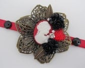 Vintage inspired Red and Black cameo collage Bracelet great for birthday present etc leather strap