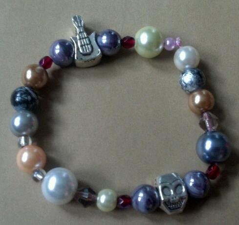 Beaded Colorful Pearl Skull and Guitar Bracelet
