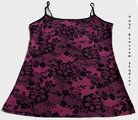 Tank top fuchsia pink and black lace and flower print cami SMALL