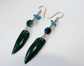 Beetle Wing Earrings with Blue Coral and Vintage Glass