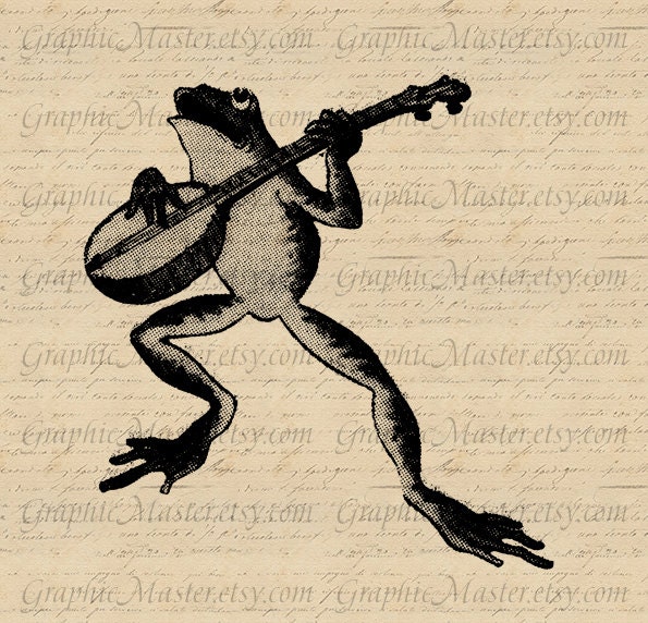 Frog with BANJO Vintage Ephemera Digital Collage Sheet Image Download Iron On Transfer Paper Fabric  Burlap Pillows Tea Towels Tote Bags a83