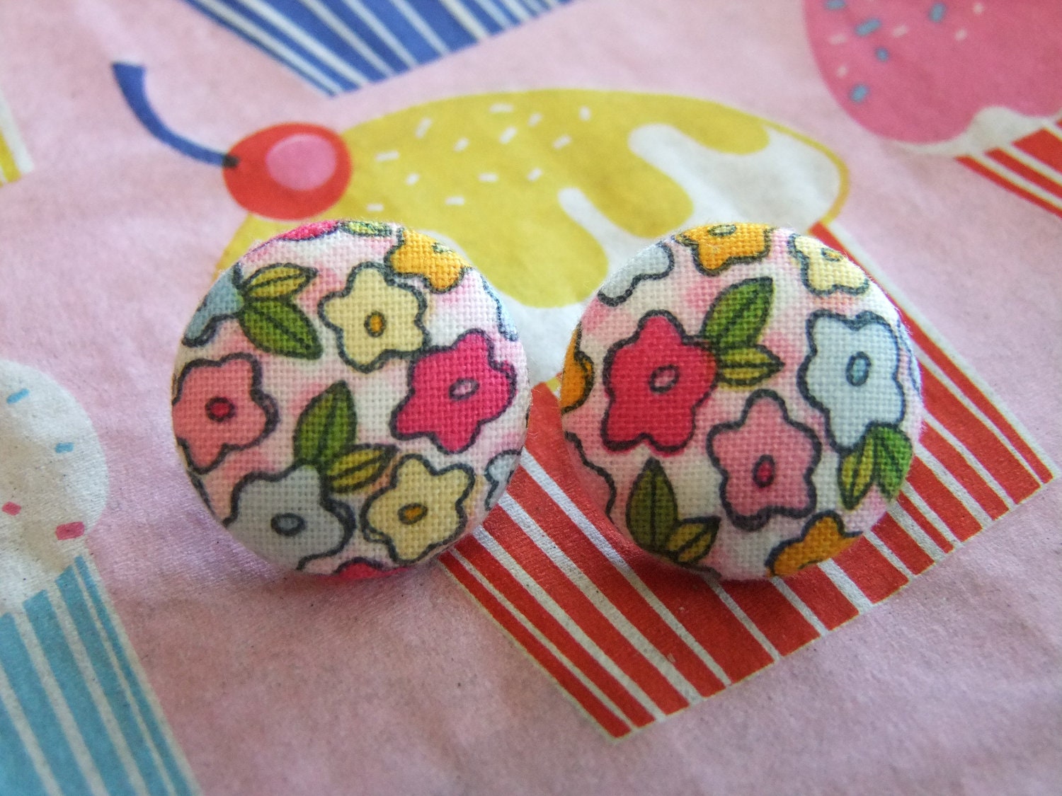 Floral earrings tiny flowers multicolored colorful pink blue yellow orange white round fabric button Heidi Grace handmade for pierced ears
