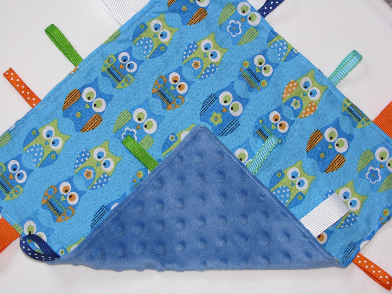 Owl Baby Boy Tag Blanket/Lovey/Tab Blanket/Minky Dot/Blue/Security Blanket/Sensory Blanket/Toy/Ribbon Blanket/Baby Blanket