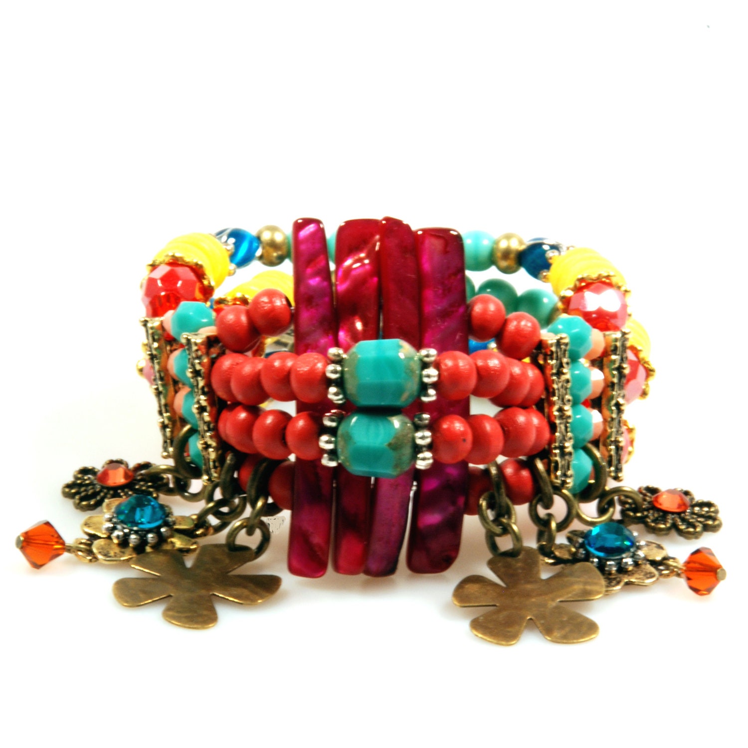 Gypsy bracelet beaded - in red, fuchsia, turquoise, yellow, gold - shells, wood - charms - bohemian, hippie