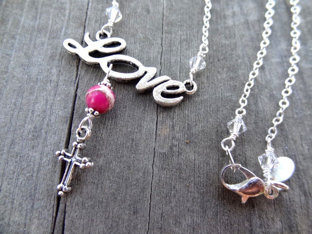 Silver Love Red Sea Sediment Jasper Bead Crystal Cross Pendant Necklace Jewelry Christian God Religious