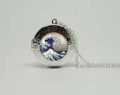Silver Glass Locket Necklace with Inspired The Great Wave off Kanagawa