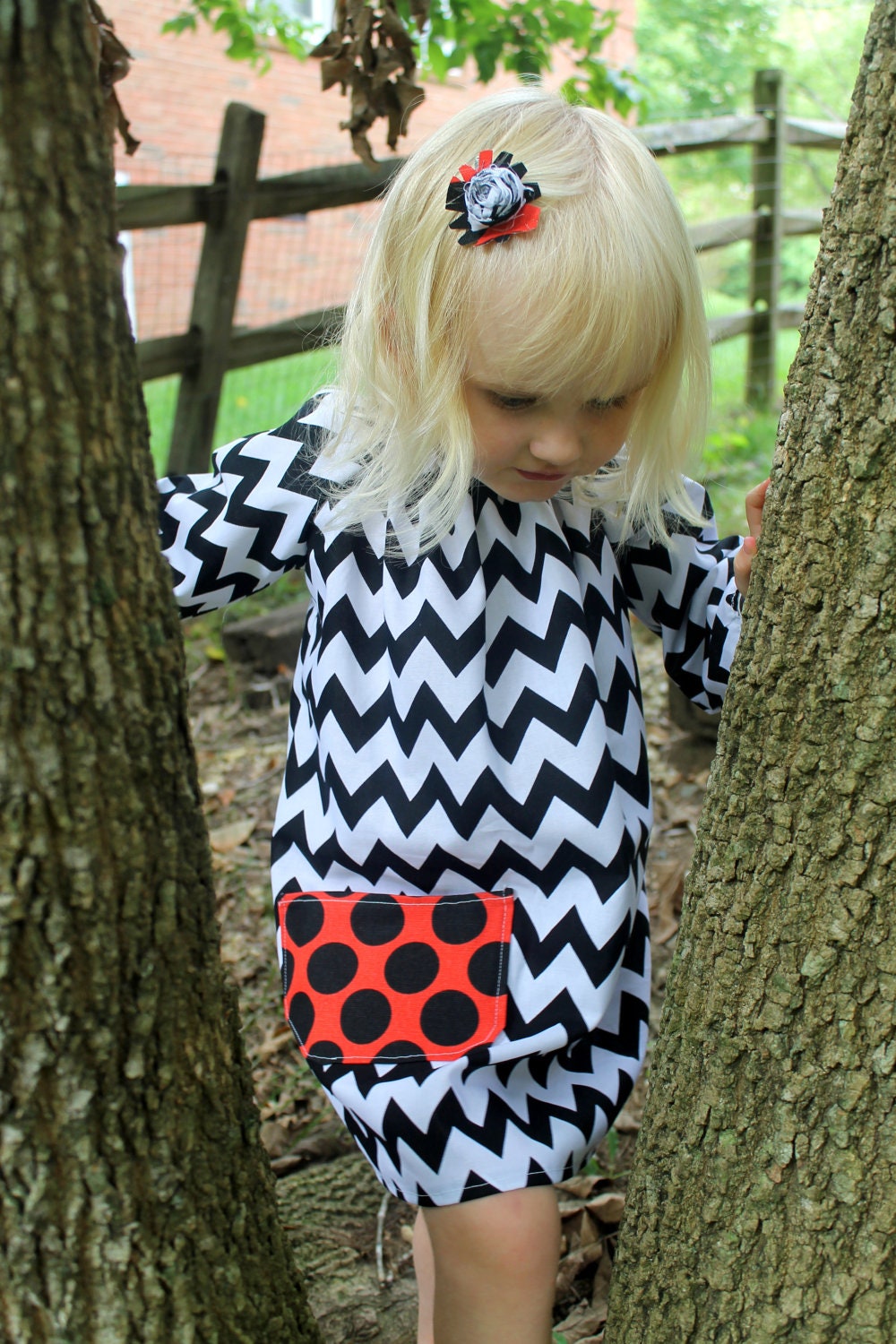 Chevron Fall or Halloween Dress with Polka Dot Pocket