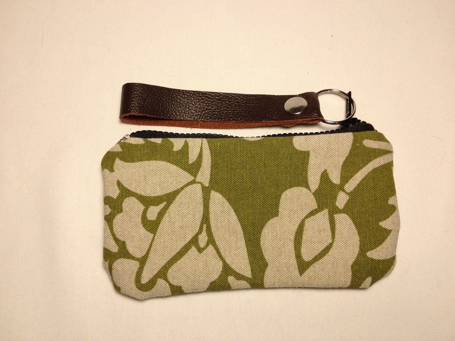 Green and Mustache Printed Wristlet with Leather Handle