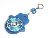 Hamsa Polymer clay wall decor, Good fortune Hamsa in blue, white and turquoise