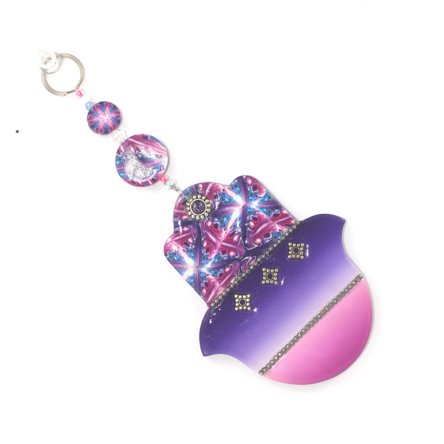 Good fortune Hamsa, Wall decor Hamsa, Polymer clay Hamsa in a rich variety of pinks, purple blue and white