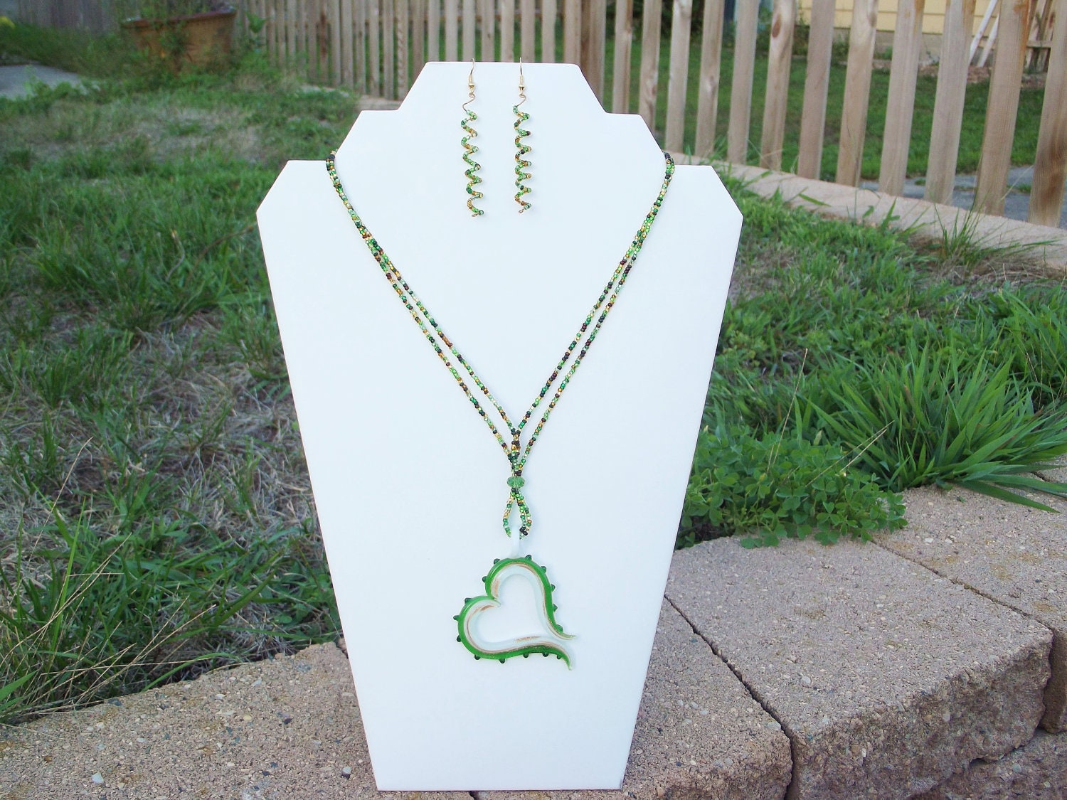 Hand-Made, Artisan Necklace Set with Earrings, Beaded, Multi Strand, Fall Colors Autumn, Art Deco Heart Pendant, Swarovski Crystal, Unique