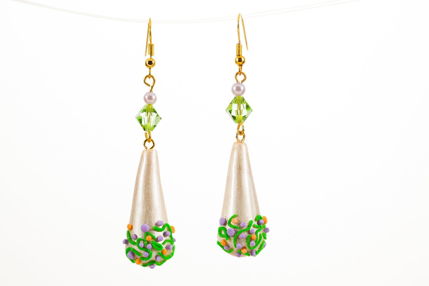 Drop earrings, cream dangle earrings, handmade decorated jewelry, polymer clay jewelry - OOAK