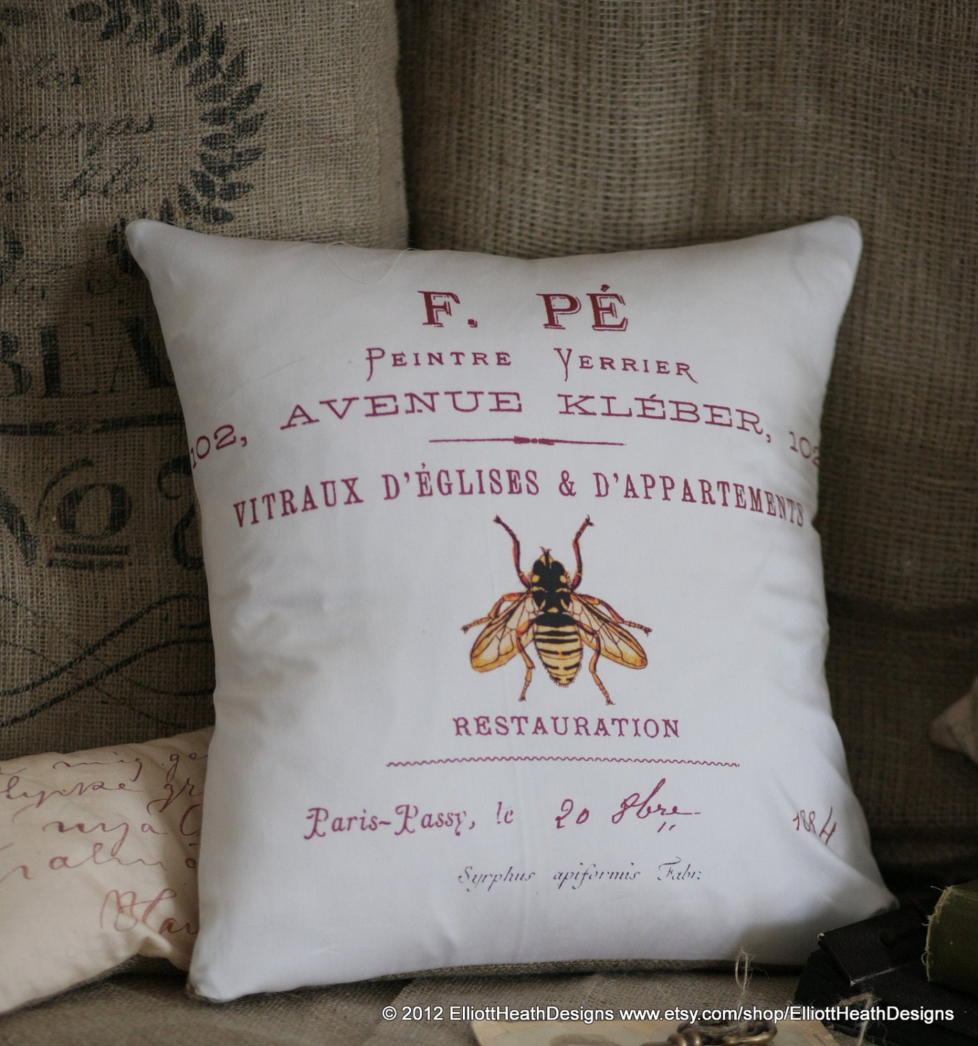 Vintage French Bee Postal Document Burlap Cotton Throw Pillow Cover - Ships FREE to the US and Canada