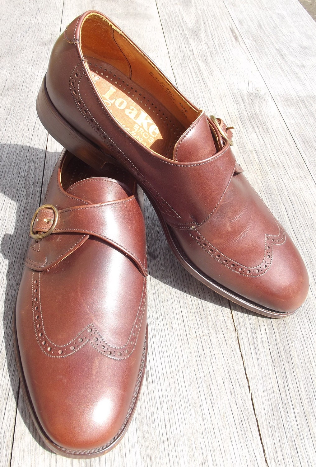 Fabulous vintage unworn traditional English handmade LOAKE mens all-leather buckled brogue Monk shoes - Size UK71/2, US8, Eu41, Jpn26