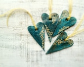 Set of 4 rustic hearts Christmas ornament Christmas decoration teal green gold home decor gift for couple - HandyHappyHearts
