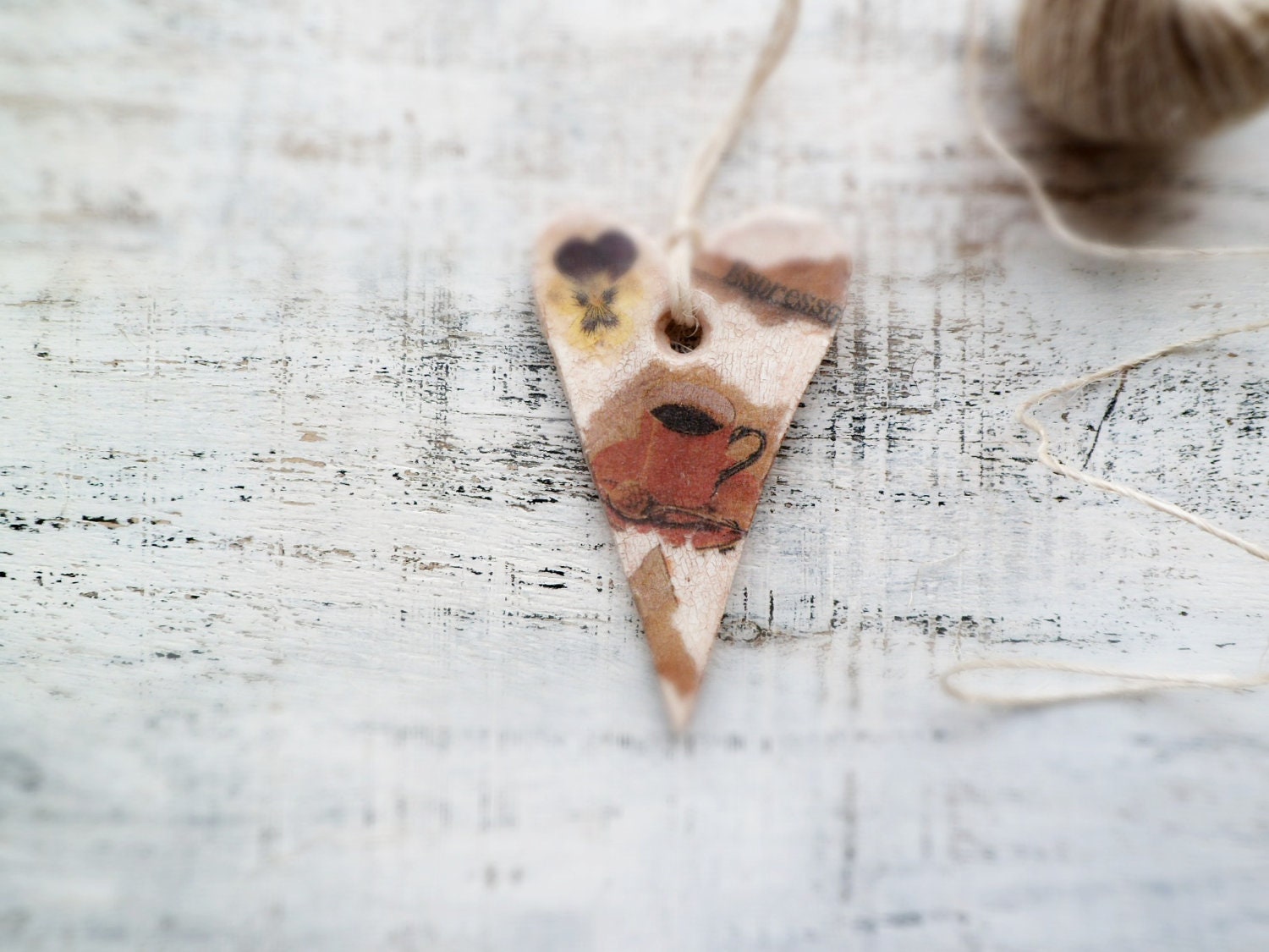 Coffee heart ornament shabby chic rustic home decor kitchen decor brown creamy ivory grey