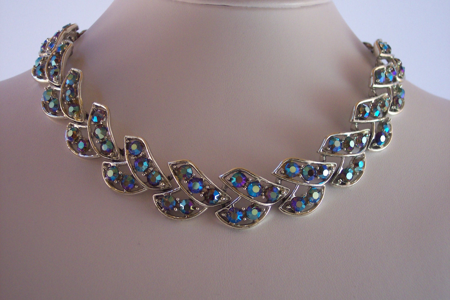 REDUCED.  Necklace, Vintage Designer Schrager Silver Tone Light Blue Sapphire Aurora Borealis Rhinestone Necklace 15 3/4", Free Shipping