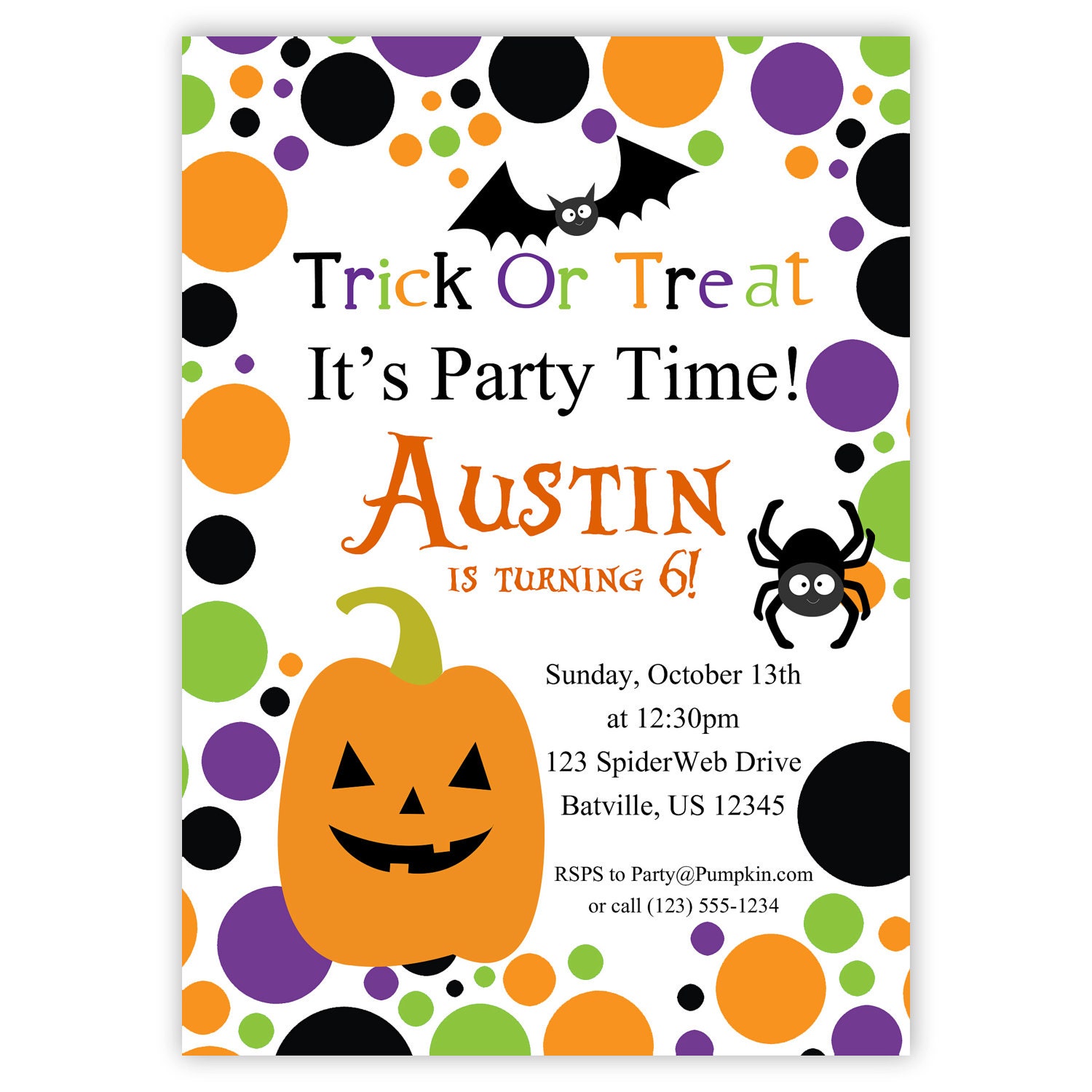 Halloween Invitation - Purple Green Polka Dot, Orange Pumpkin, Black Bat, Spider Personalized Birthday Party Invite - Digital Printable File