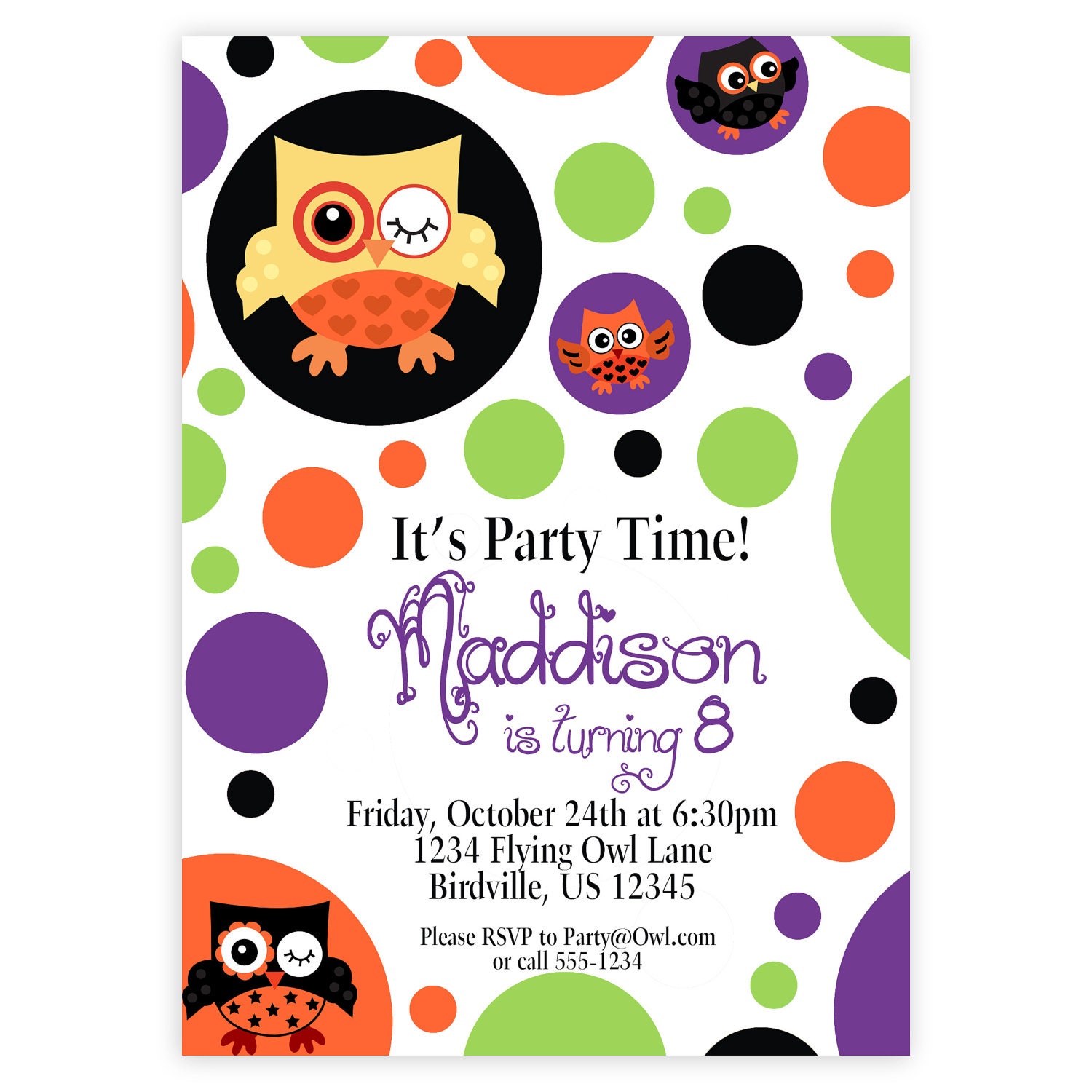 Halloween Invitation - Fun Orange Green Purple Polka Dots and Cute Black Owls Personalized Birthday Party Invite - a Digital Printable File