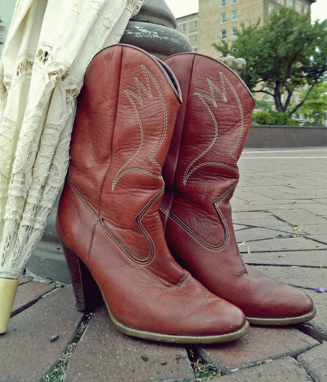 Oxblood Cowboy Boots // Stacked Heel 70'S Boots // Wedding Boots // Bohemian Boots // Mid Calf Boots // Genuine Leather Boots
