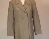 Vintage 80s 90s designer Karl Lagerfeld 3/4 length grey beige virgin wool double breasted jacket with side splits