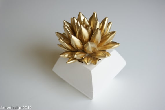 Gold Succulent Sculpture, White Modern Faceted Geometric Decahedron Container, Tabletop Centerpiece, Desktop Accessory