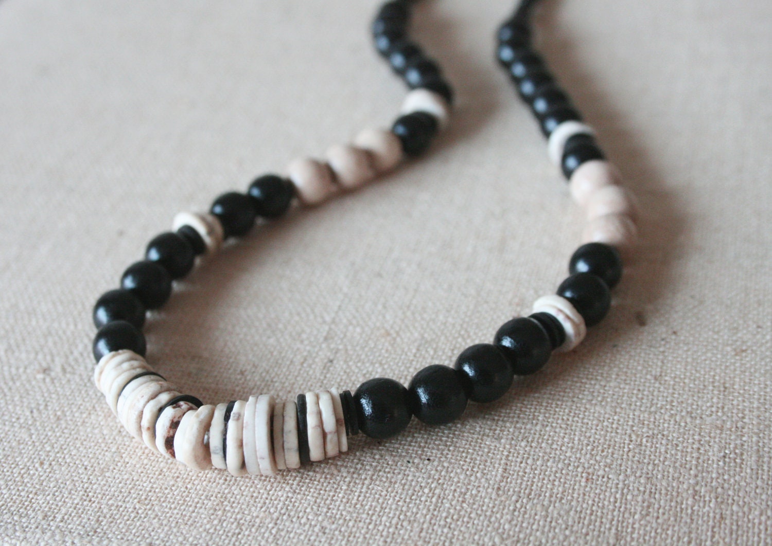 tribal heishi necklace // natural birch eco wood beads // ostrich egg shell heishi // asymmetrical // vintage // yoga // handmade