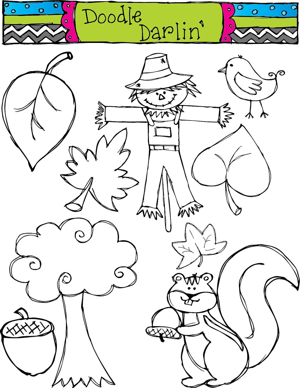 Fall Frenzy Blackline Clipart Set INSTANT DOWNLOAD