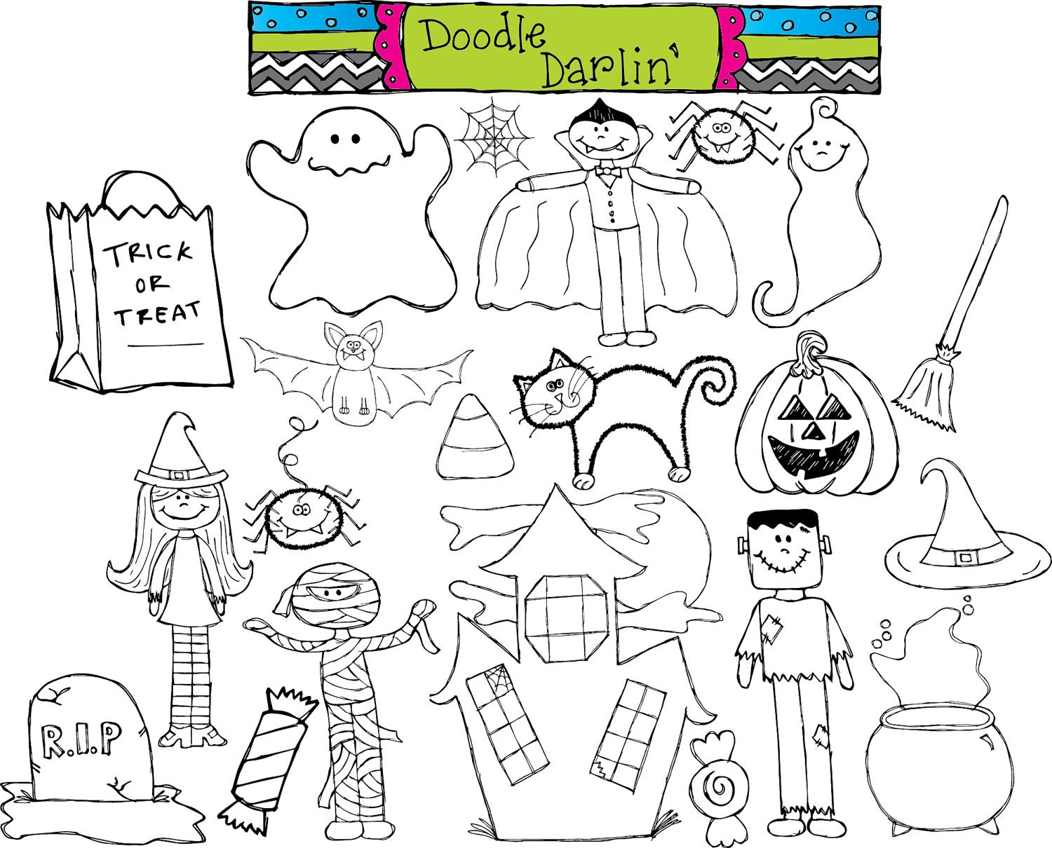 Halloween Blackline Clipart Set INSTANT DOWNLOAD