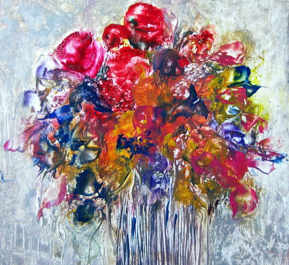 ORIGINAL FLORAL Encaustic semi abstract  "Bouquet for Mother" STUDIOSABINE