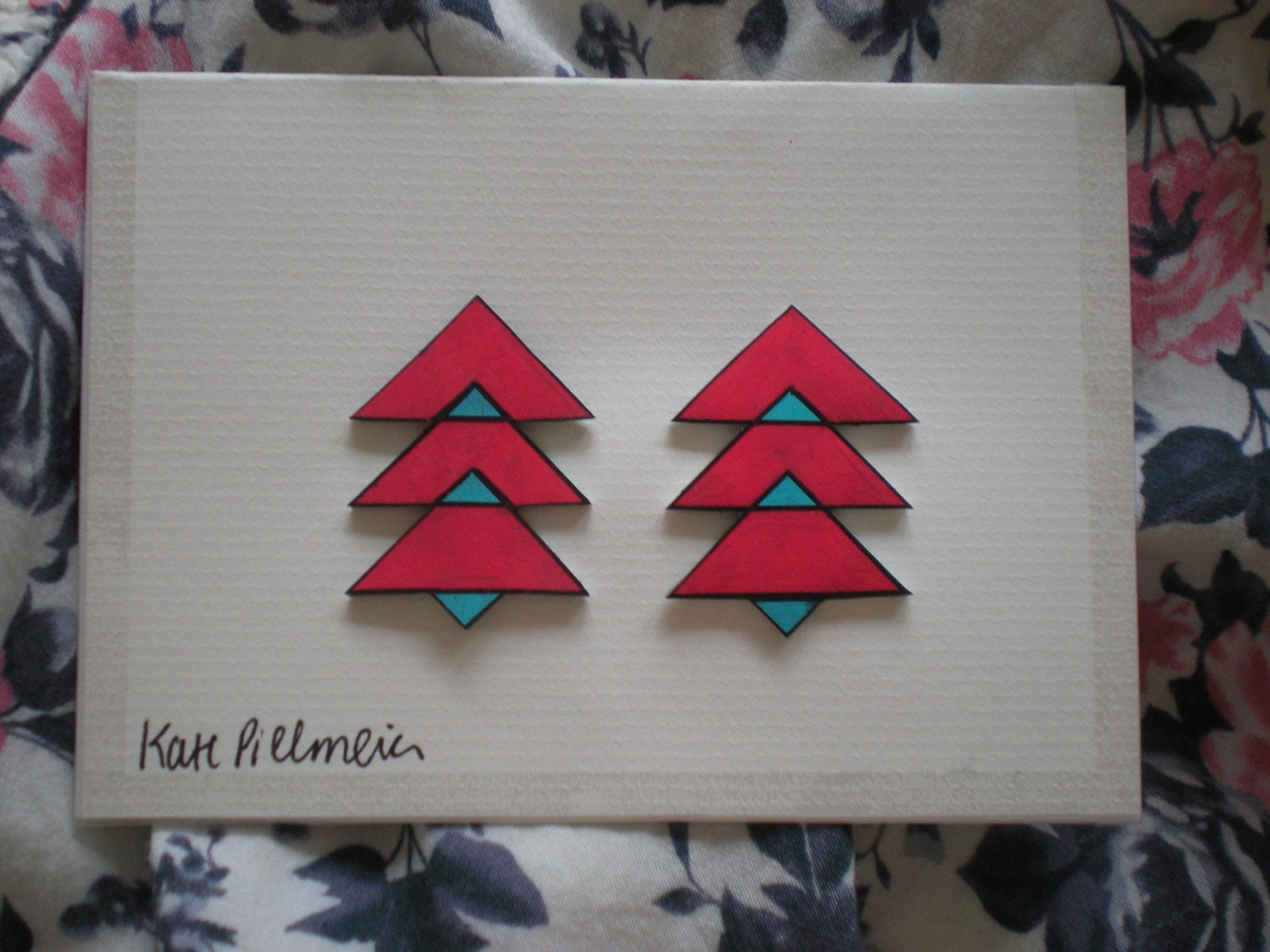Hand Drawn Geometric Shrink Plastic "Overlapping Triangles" Post Earrings in Poppy and Turquoise