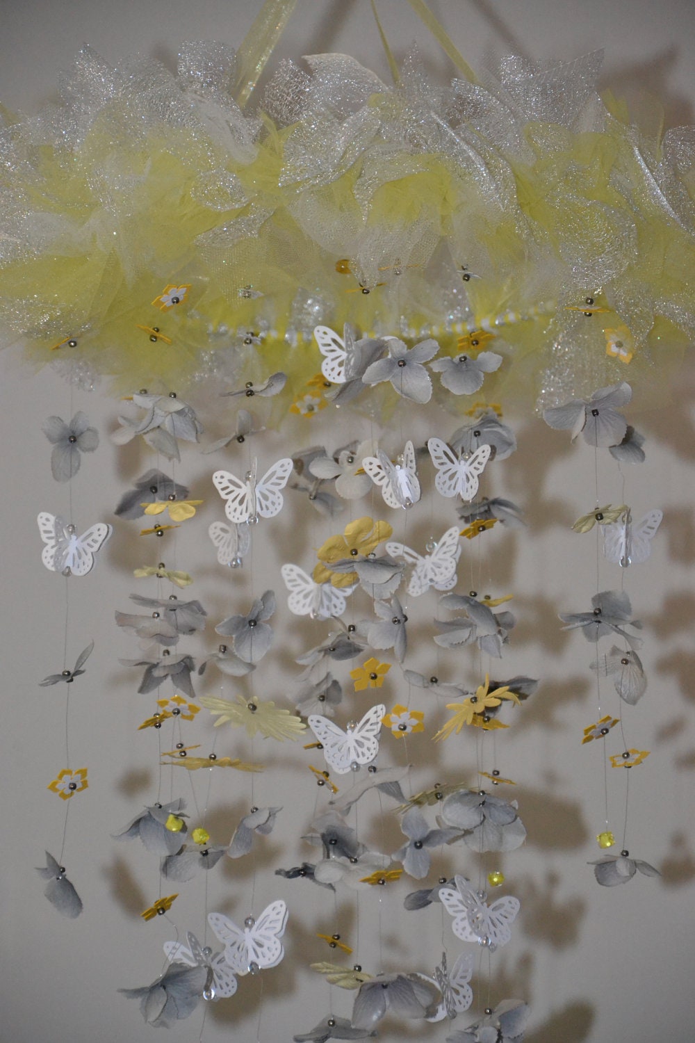 Yellow/Gray Butterfly mobile, Nursery Decor, Baby Shower Gift, Chandelier