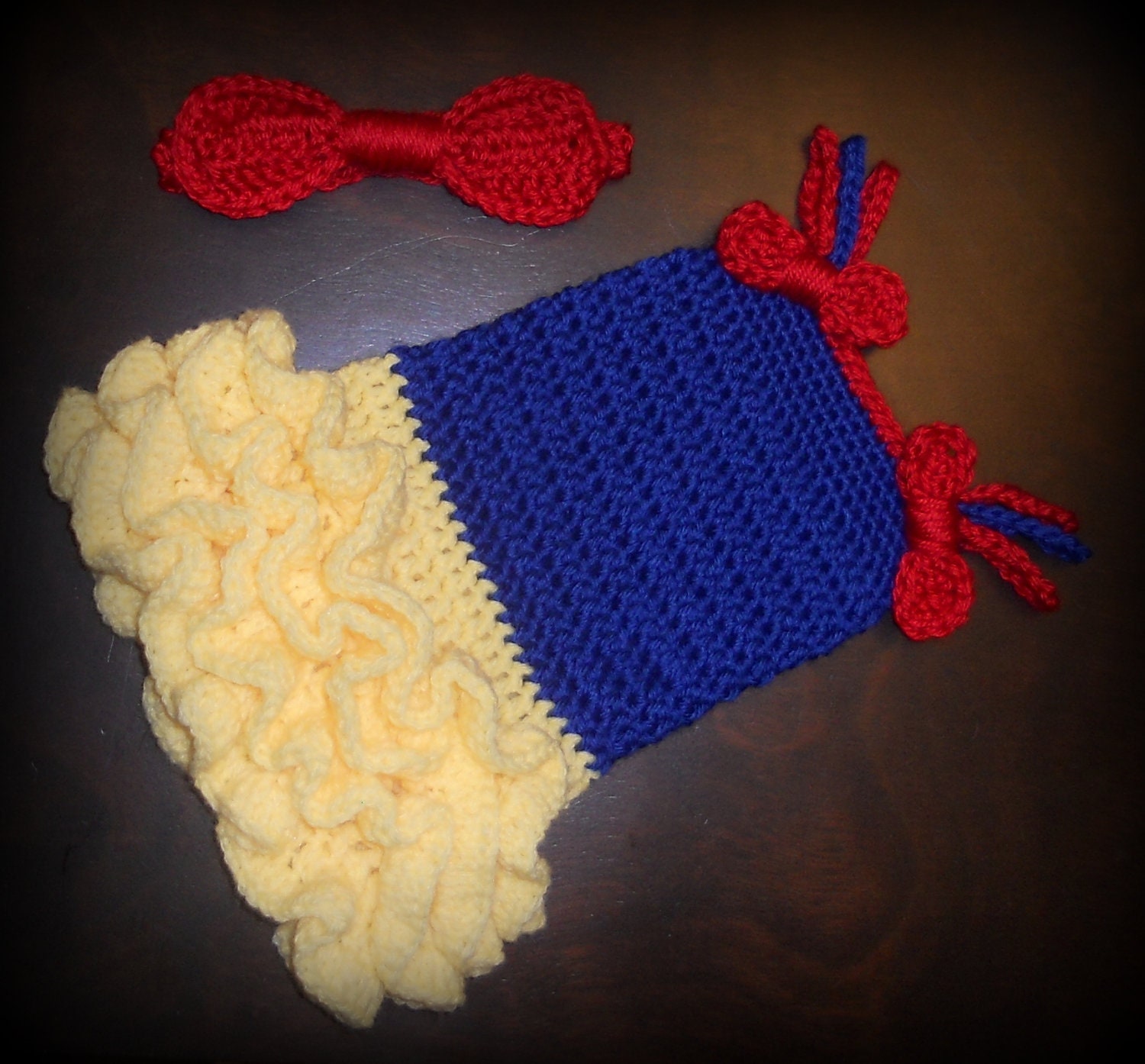 Crochet Princess Tutu Dress & Matching Bow Headband  Baby Costume Handmade Photo Prop