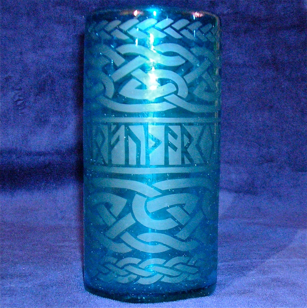 Etched Blue RUNE glass with Knotwork