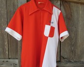 70s Bowling Shirt in Orange and White, Bill, M // Mens Vintage Bowling Shirt