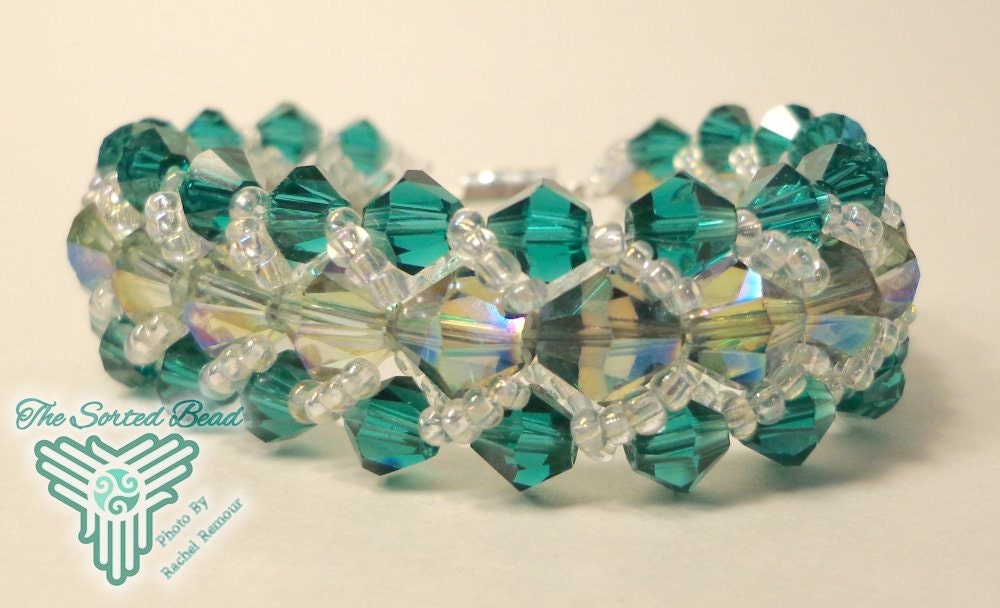 Beaded Flat Spiral Weave Bracelet, Teal and Ocean Green Crystals