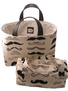 Mustache Tote and Cosmetic Bag with Zippered Closure, Moustache Travel Bags