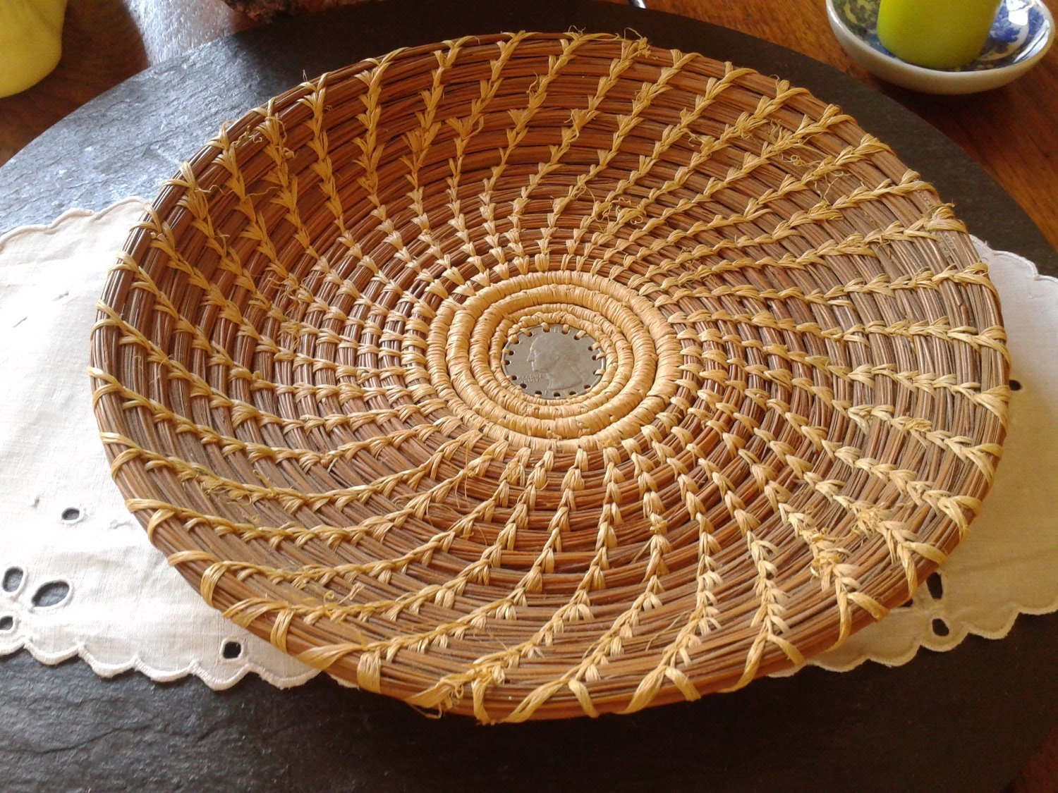 90s handwoven by me OOAK pine needle basket home decor: 1990s vintage handmade spiral pine needle basket hand woven Father's day home decor
