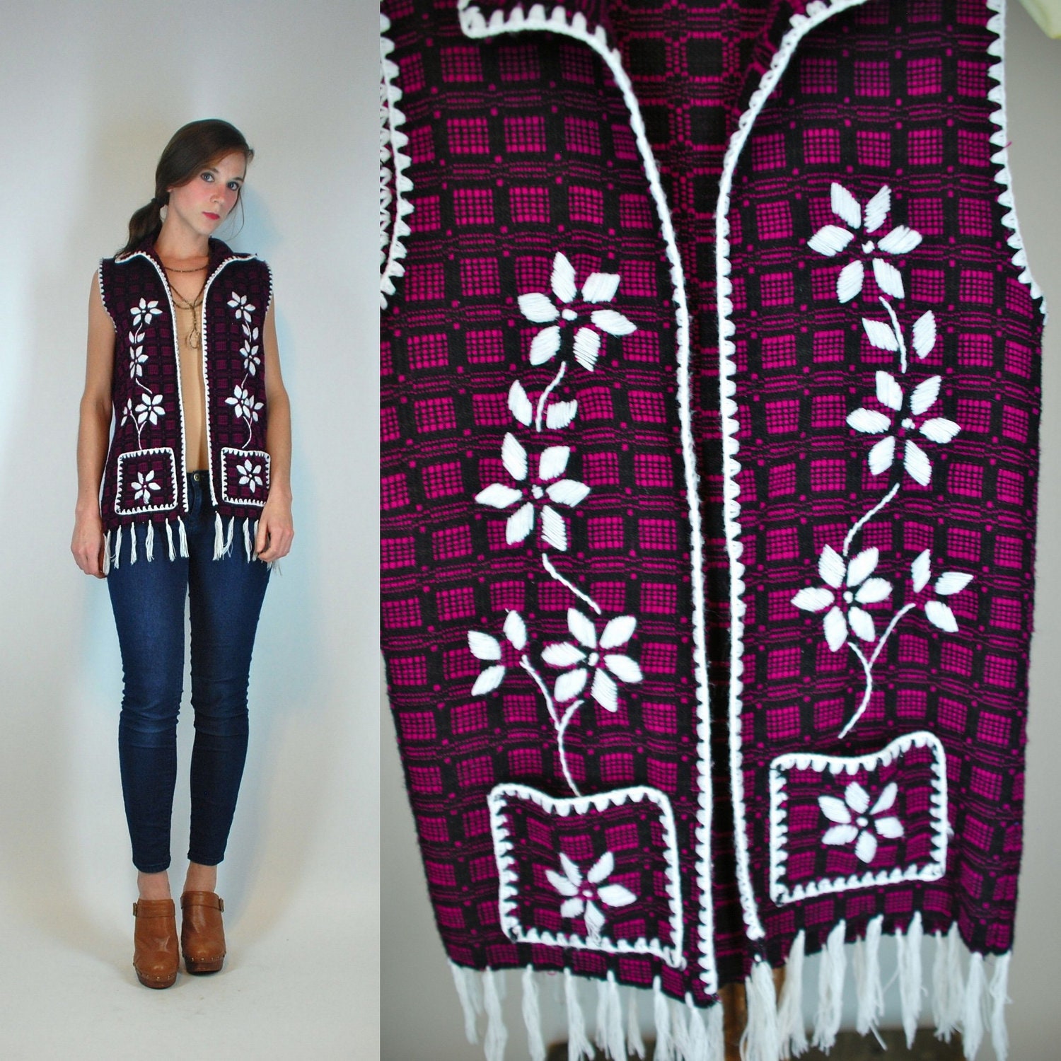 VTG 70s OOAK Knit Crochet fringe mini ethnic duster Mod Vest Tunic Top Boho Hippie Festival plaid Embroidered flower... sale