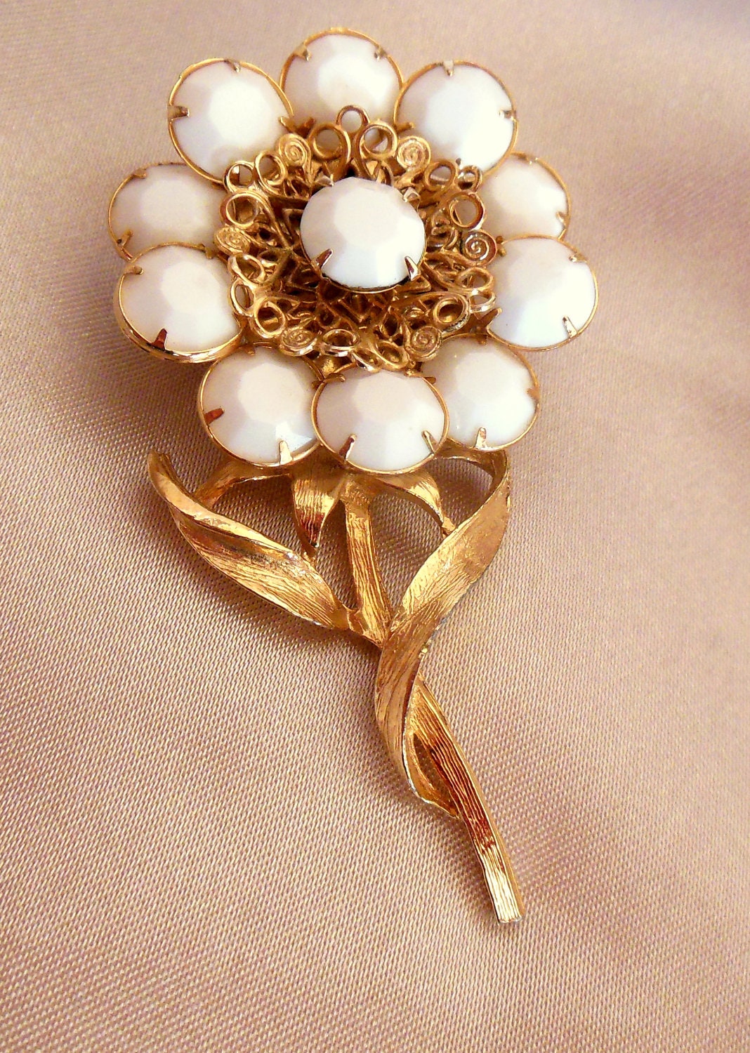 Vintage Floral Brooch Gold Milk Glass Rhinestones