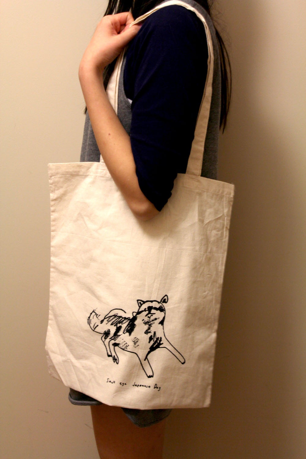 Eco-friendly Screen print "A small eye Japanese dog and praying mantis" recycled canvas tote bag