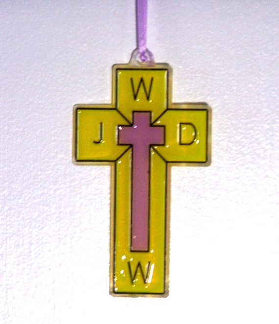 ORNAMENT - Cross- WWJD - Acrylic - Yellow & -Lilac Handpainted Home Decor