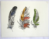 Winter, Autumn, Spring Feathers. 12"x9" Original Artwork. Ink and Water Colors